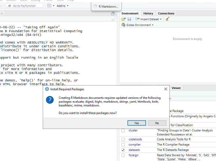 First time R Markdown install packages dialog box