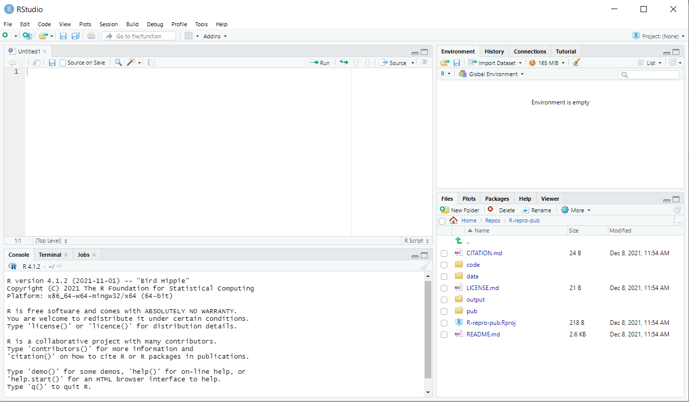 RStudio layout with .R file open